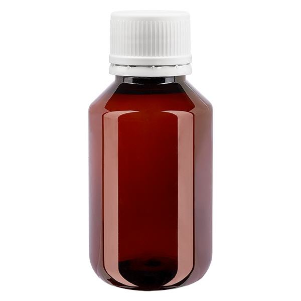 Bottiglia in PET da 100 ml con tappo bianco antimanomissione, finemente scanalata