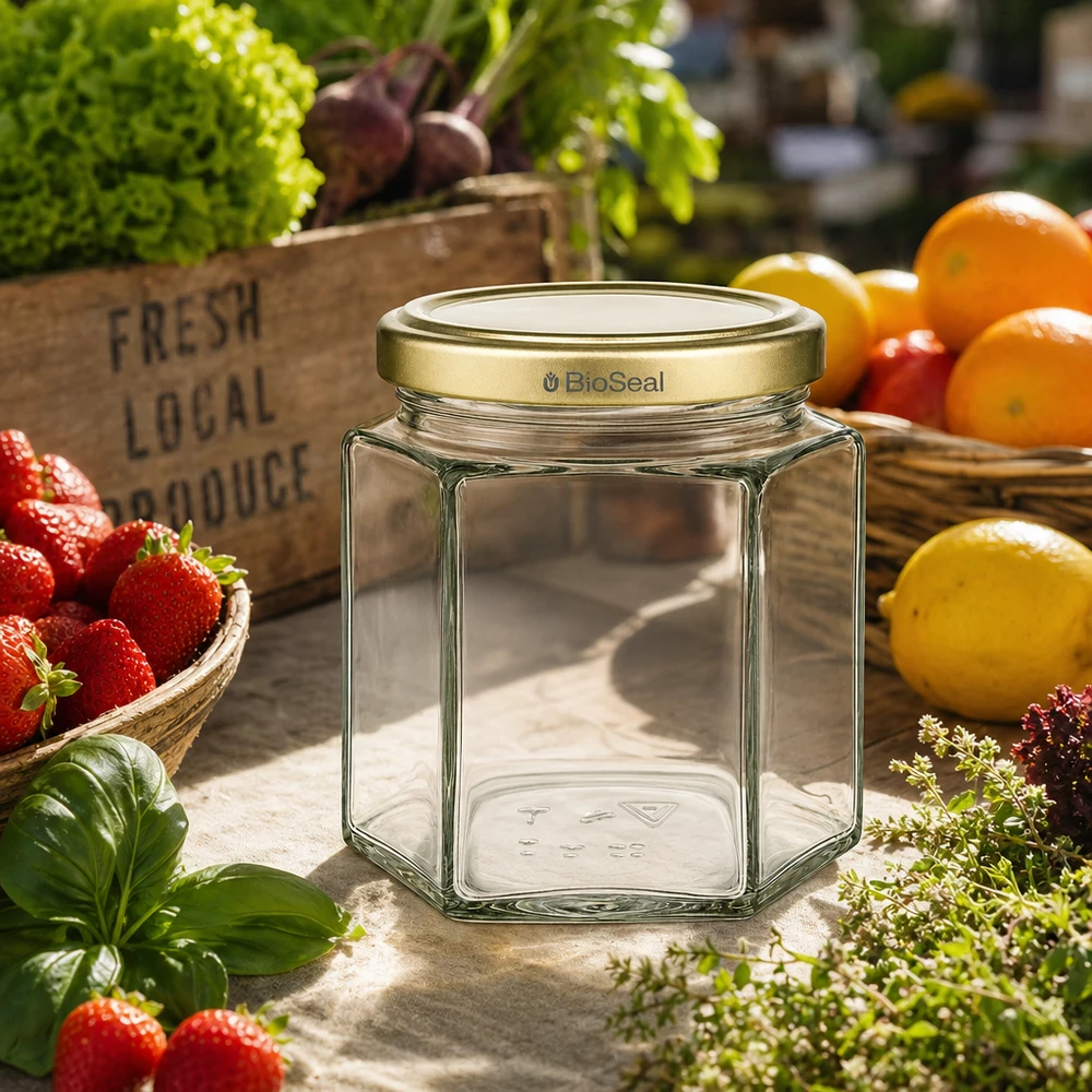 Vasetto per miele da 520 g con capsula dorata BioSeal UNiTWIST Leeres 520g BioSeal Honigglas hexagonal mit Golddeckel zwischen frischen Erdbeeren und Gemüse auf Holztisch