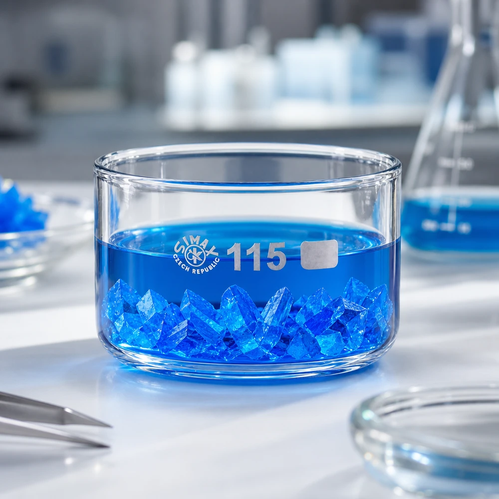 Piastra di cristallizzazione da 500 ml senza beccuccio Bo. ø115mm Ciotola cilindrica piatta in vetro da 500 ml con cristalli blu di solfato di rame in ambiente di laboratorio