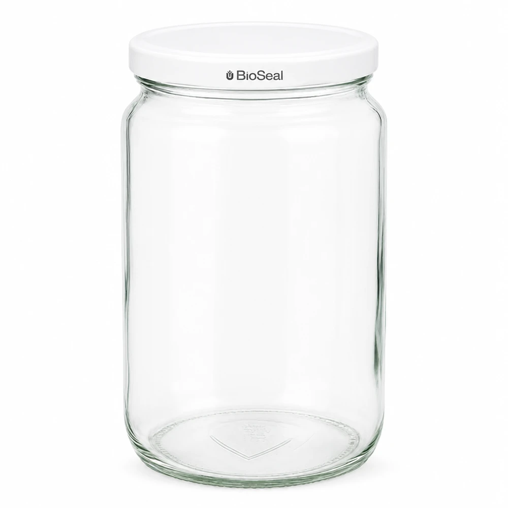 UNiTWIST Rounda795 con coperchio bianco TO82 BioSeal UNiTWIST Runda795 barattolo per conserve con coperchio bianco TO82 BioSeal - barattolo in vetro trasparente per la conservazione degli alimenti