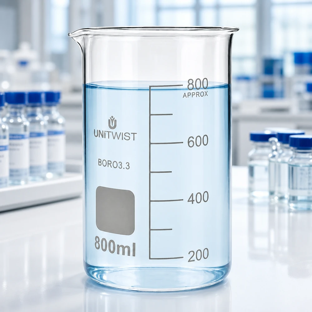 UNITWIST Bicchiere da laboratorio da 800 ml in borosilicato, forma alta, con spazio per le annotazioni e scala di misurazione precisa