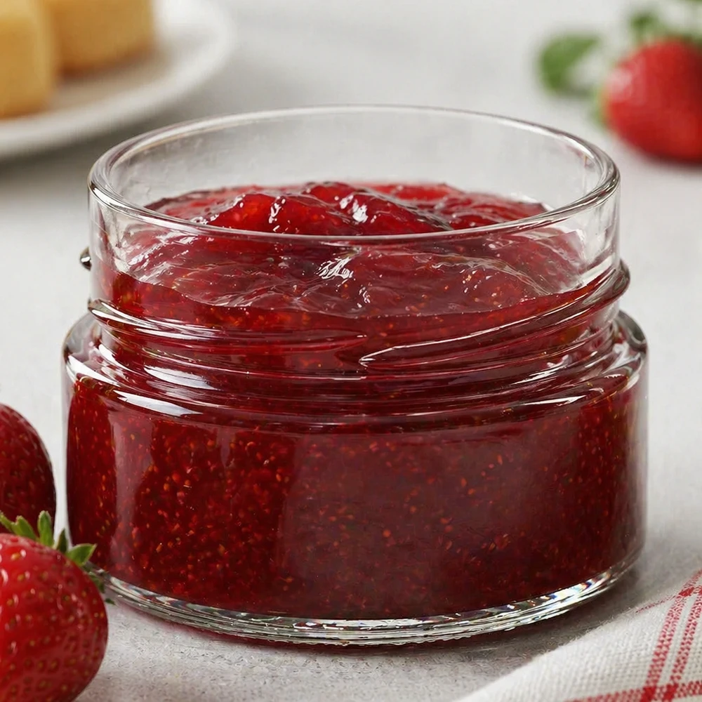 UNiTWIST Runda80 - Barattolo rotondo capacità 80ml TO58profondo UNiTWIST Runda80 barattolo rotondo da 80 ml riempito con marmellata di fragole rosse, coperchio TO58deep, barattolo di vetro per marmellata