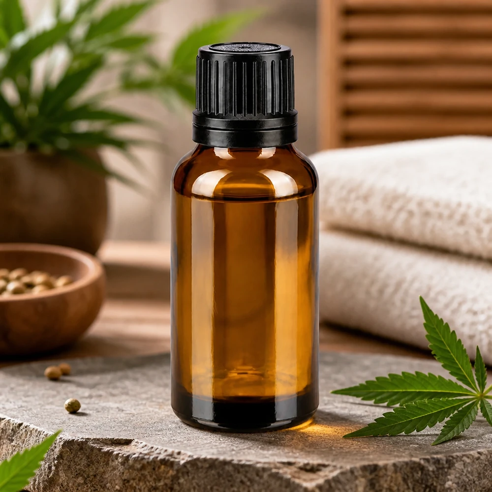 Flacone contagocce da 20 ml in vetro ambrato con tappo a vite nero, accanto a foglie di cannabis e semi di canapa