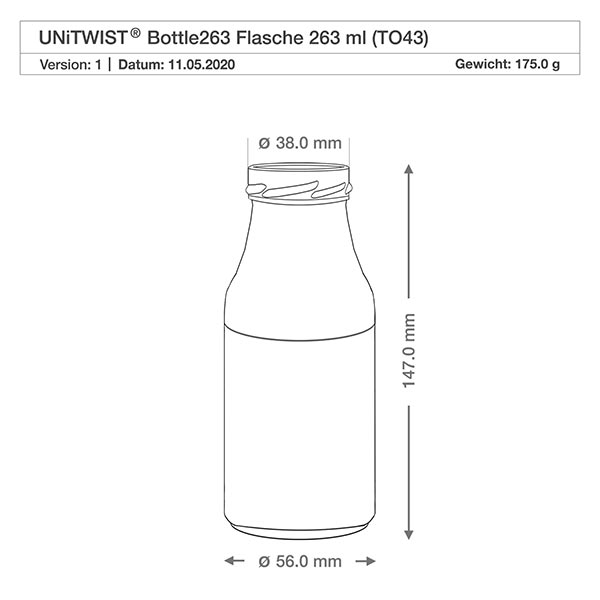 UNiTWIST Bottle263 - Capacità bottiglia 263ml TO43 UNiTWIST Bottle263 bottiglia in vetro 263ml TO43 con dimensioni 147mm altezza 56mm diametro disegno tecnico