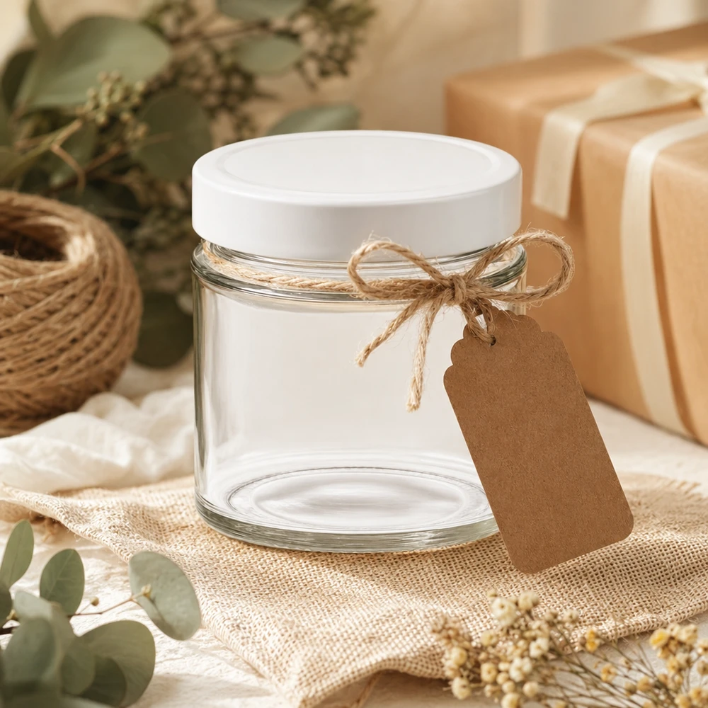 Barattolo rotondo da 135 ml + coperchio BasicSeal bianco profondo UNiTWIST... Vasetto rotondo da 135 ml con coperchio BasicSeal bianco, decorato con etichetta in carta kraft Confezione regalo fai da te