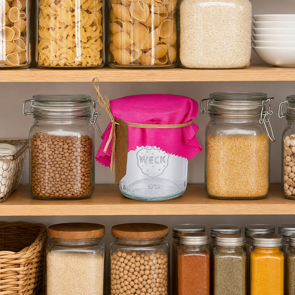 Centrino decorativo in tessuto rosa di 12 cm quadrati su vaso Weck in dispensa organizzata con pasta e spezie
