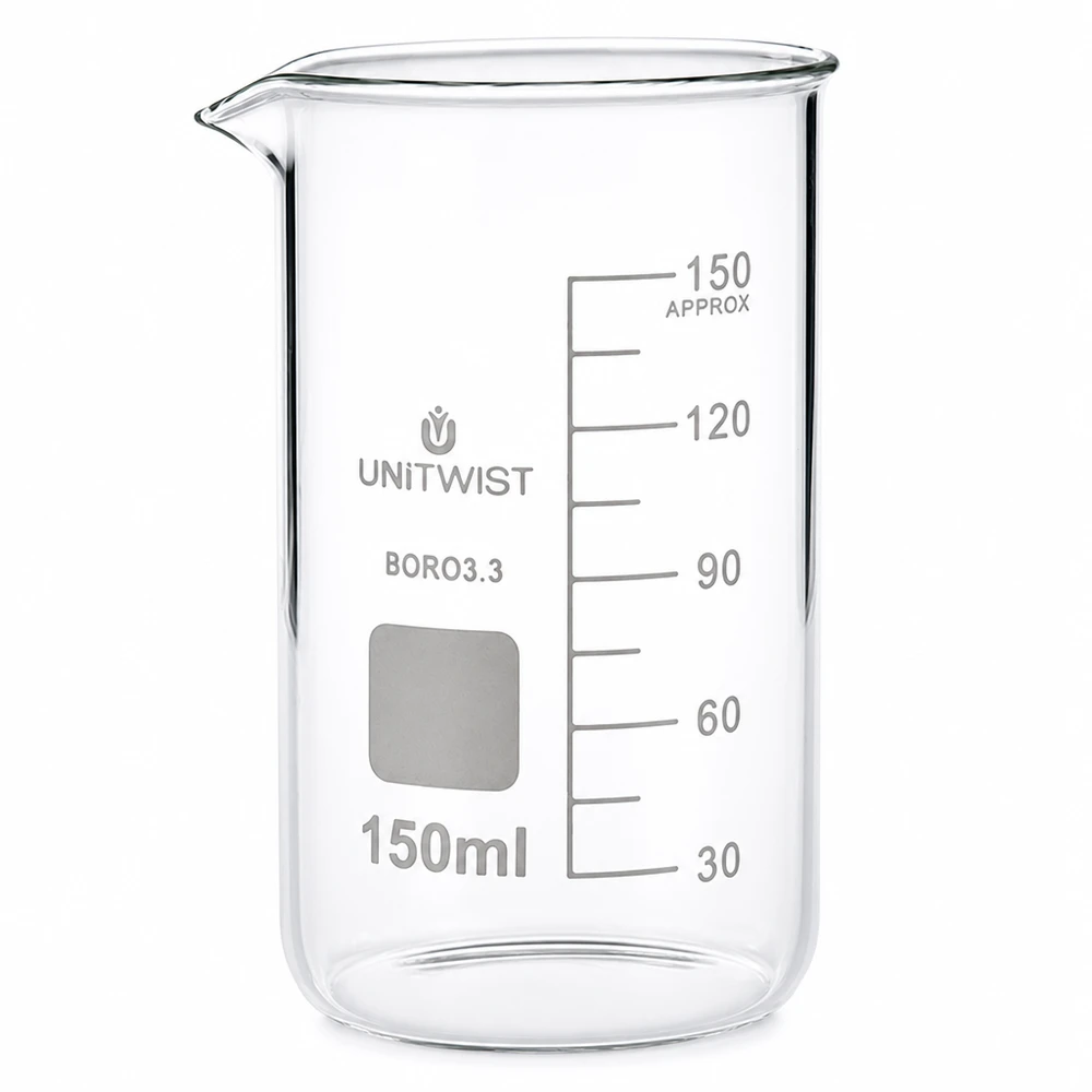 Bicchiere da laboratorio da 150 ml, forma alta, in vetro borosilicato trasparente con scala in millilitri UNITWIST