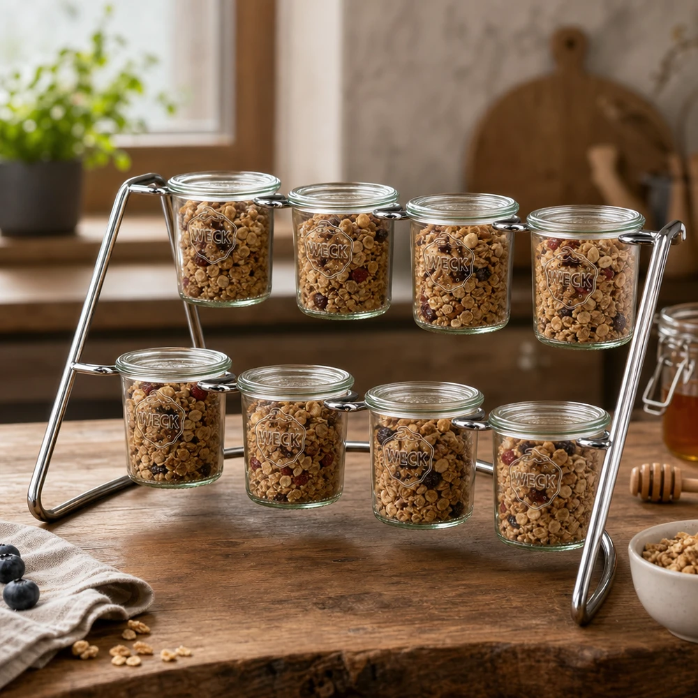 Portabicchieri Flato8 per 8 bicchieri WECK WECK Serviergestell Flato8 mit Müsli und Nüssen gefüllt zeigt praktische Küchenorganisation auf Holztisch