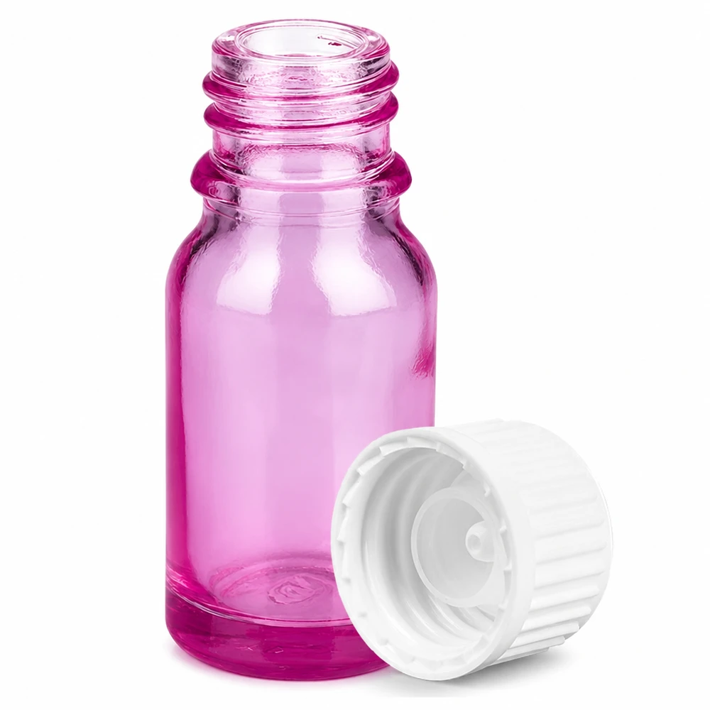 Flacone da 10 ml (globulo). Anello di versamento da 3 mm bianco standard PurpleLine. UT18/10 Fiala in vetro da 10 ml in colore viola con tappo a vite sicuro per applicazioni farmaceutiche