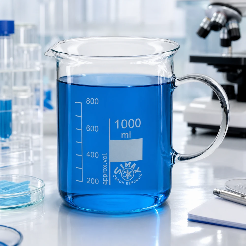 Becher da 1000 ml con liquido blu e manico in un ambiente di laboratorio