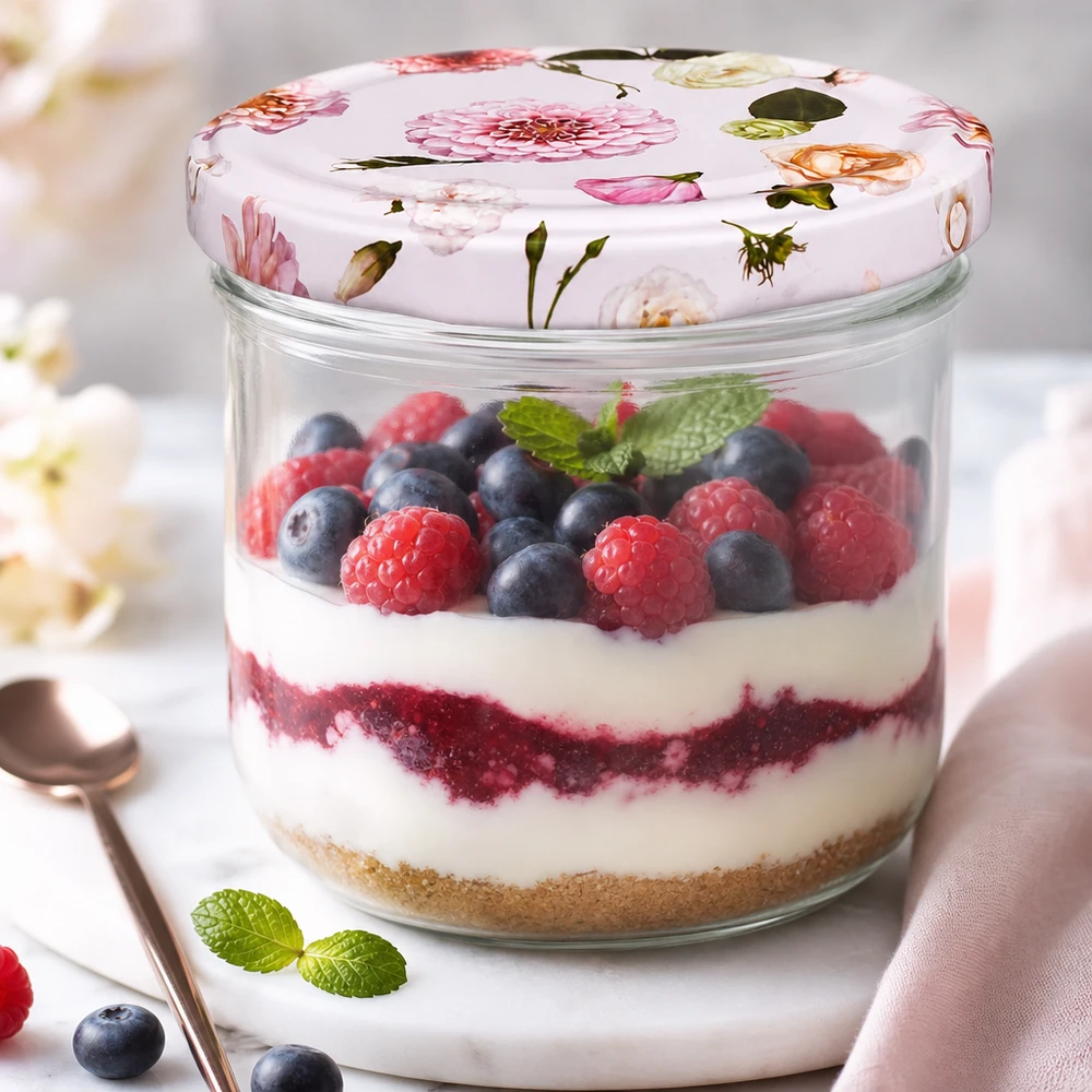 Bicchieri da 260 ml + coperchio BasicSeal rosa fiore UNiTWIST Barattolo mason da 260 ml con coperchio a fiore riempito di dessert ai frutti di bosco - esempio di applicazione per contenitore di conservazione in barattolo