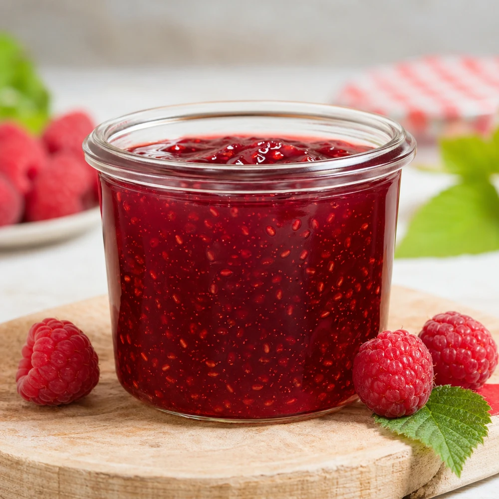 WECK RR40 Vaso da 35 ml riempito di marmellata rossa circondato da lamponi freschi su una tavola di legno