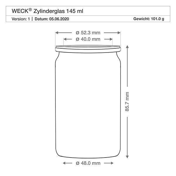 Barattolo cilindrico da 145 ml con coperchio salvafreschezza. WECK RR40 WECK vaso cilindrico 145ml RR40 disegno tecnico con dimensioni diametro 48mm altezza 85,7mm peso 101g