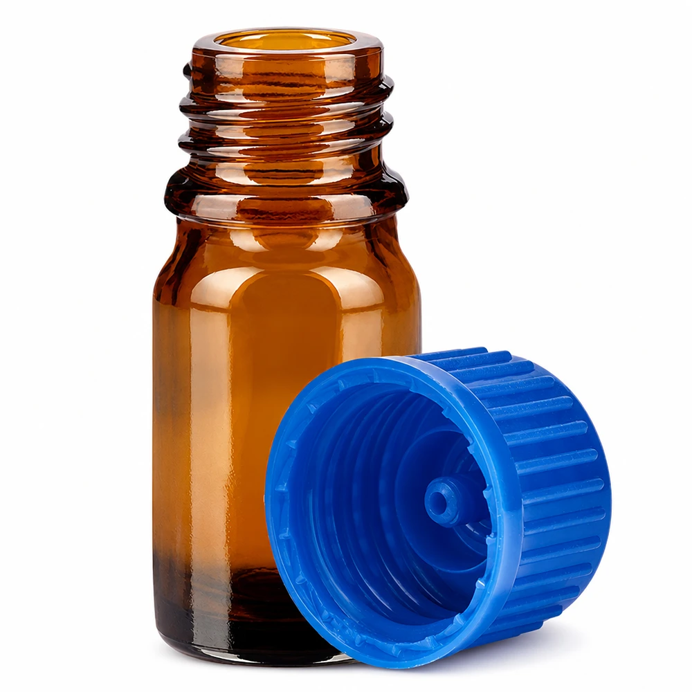 Fiala da 5 ml in vetro ambrato UT18/5 con filettatura da 11 mm e tappo blu per un dosaggio preciso