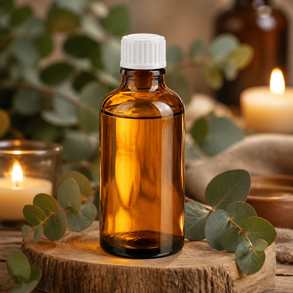 Flacone di vetro marrone da 50 ml con tappo contagocce bianco, appoggiato su un dischetto di legno profumato all’eucalipto