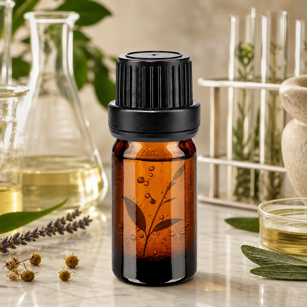 Flacone da farmacia compatto da 5 ml in vetro ambrato con tappo di sicurezza nero da 11 mm