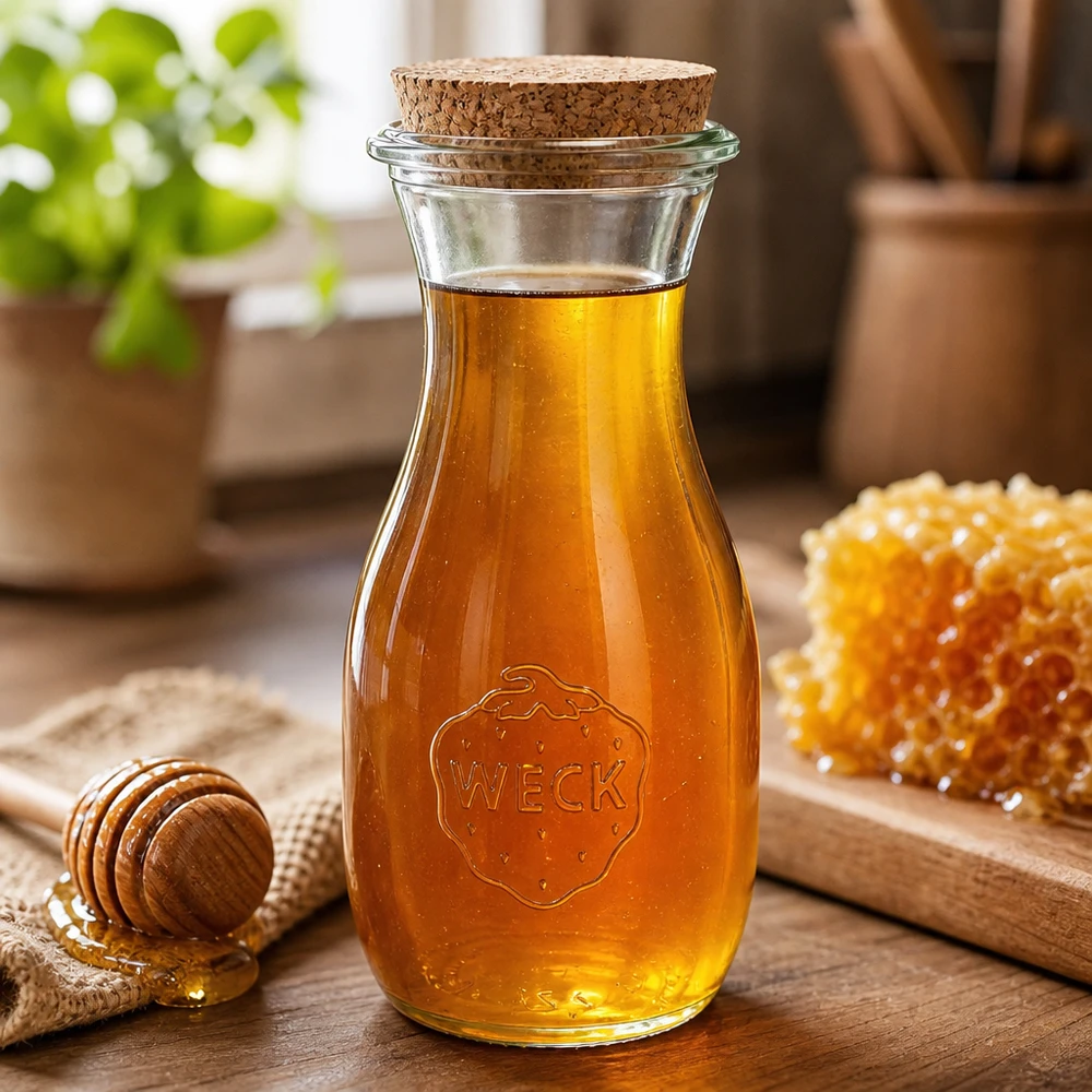 Bottiglia di vetro WECK 530ml riempita di miele accanto a miele a nido d'ape e cucchiaio di miele su tavola di legno cucina rustica