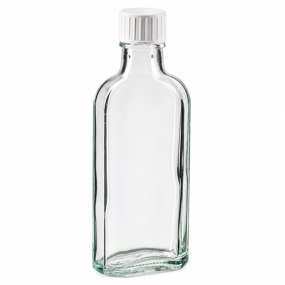 Flacone Meplat da 100 ml trasparente con tappo a vite bianco e anello versatore in vetro