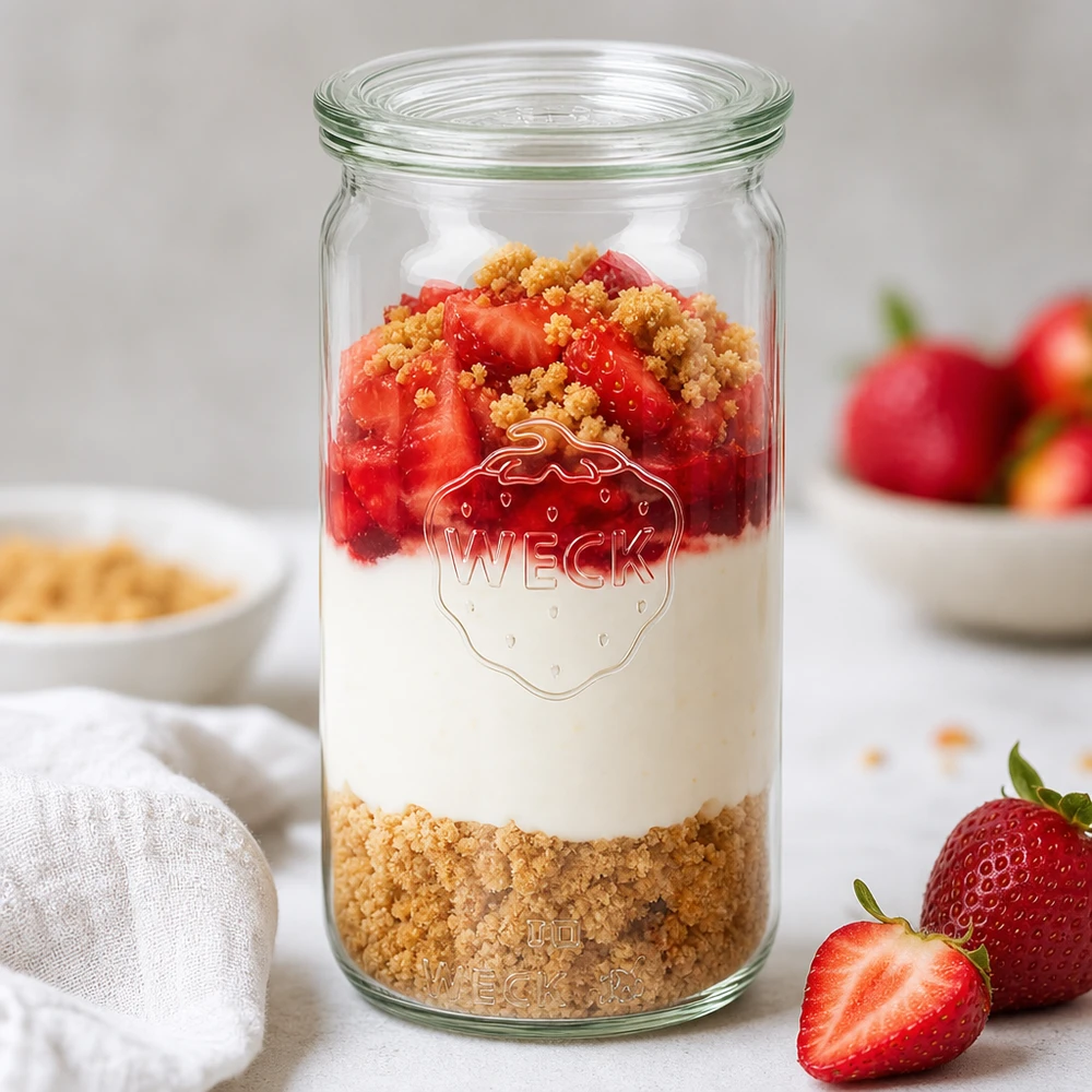 Vaso cilindrico da 340 ml con coperchio in vetro WECK RR60 WECK 340ml vaso cilindrico RR60 con strato di dessert alla fragola, crema di base al biscotto e frutta come ispirazione per il parfait
