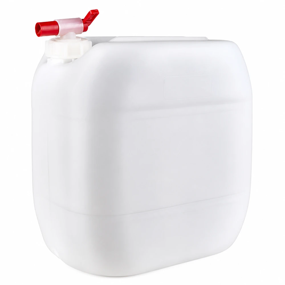 Tanica da 30 litri con rubinetto di scarico Tanica in plastica bianca da 30 litri con rubinetto di scarico rosso, realizzata in HDPE adatto al contatto con gli alimenti
