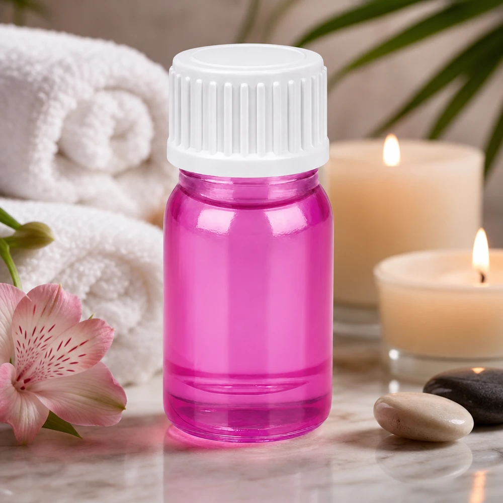 Flacone da 5 ml (globuli) con anello di versamento bianco standard PurpleLine UT18/5 Mini flacone in vetro da 5 ml in rosa magenta con protezione UV per ingredienti sensibili alla luce