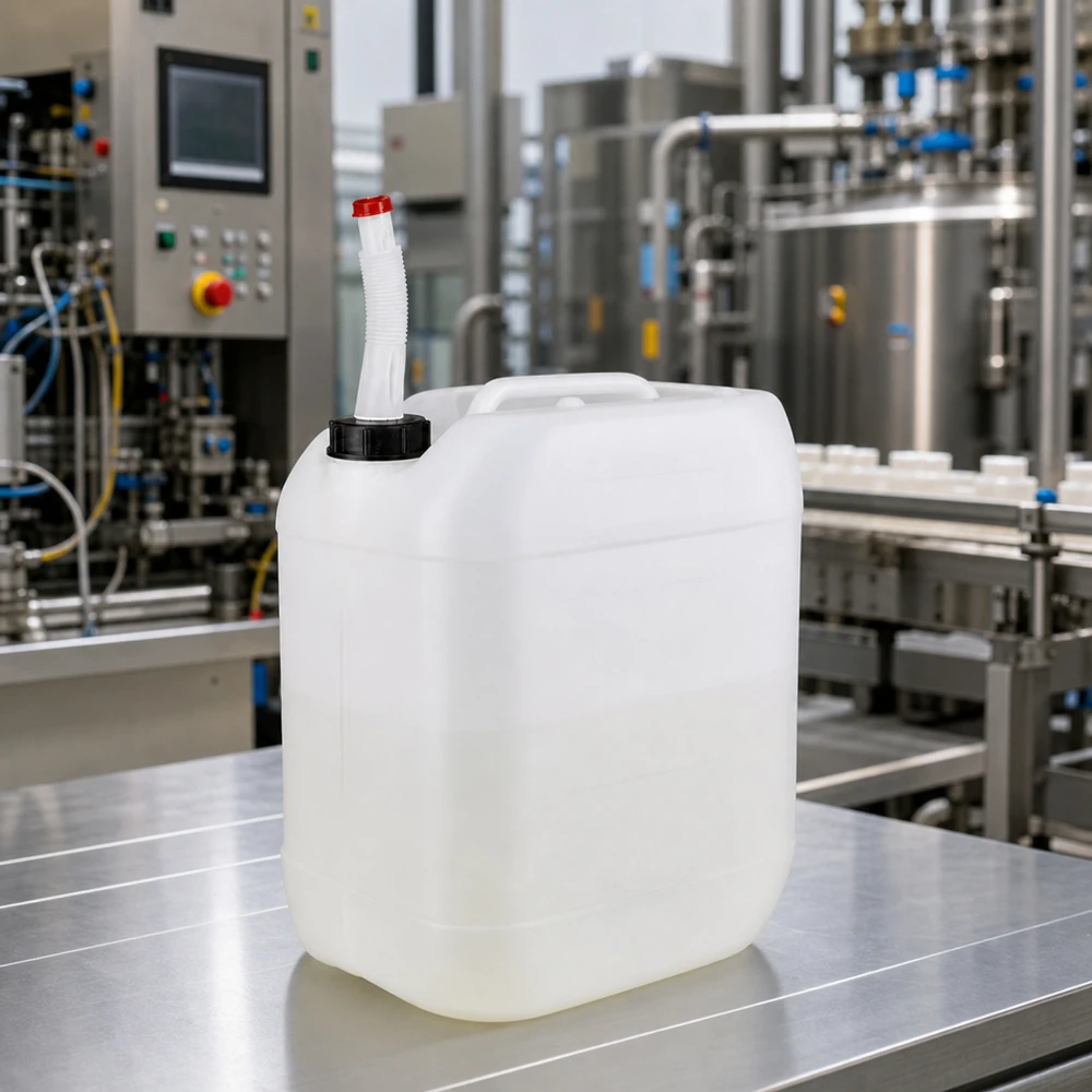 Tanica da 20 litri con tubo di scarico flessibile Tanica da 20 litri adatta al contatto con gli alimenti, dotata di beccuccio flessibile, su un tavolo in acciaio inossidabile in un impianto industriale