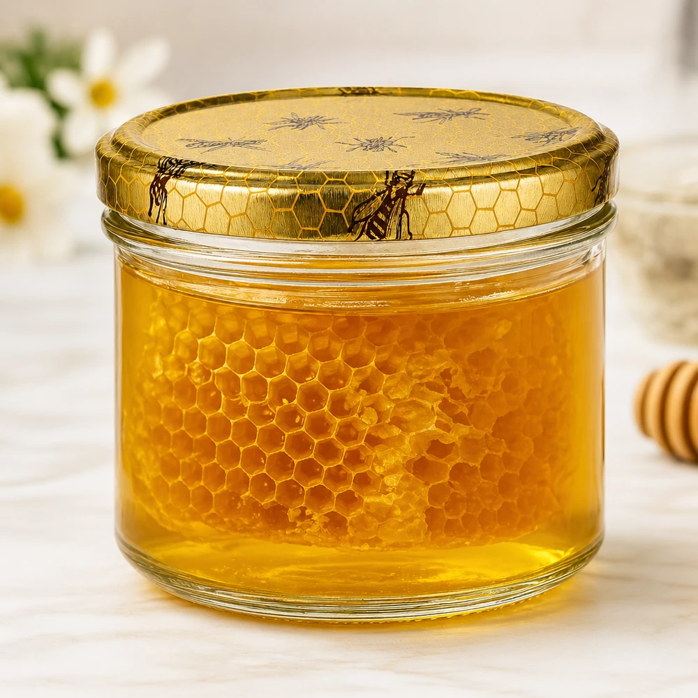 Vasetto per miele da 250 g con capsula con motivo a favo BasicSeal UNiTWIST Vasetto di miele riempito da 250 g con vero nido d'ape e coperchio decorativo che mostra il miele dorato nel vasetto
