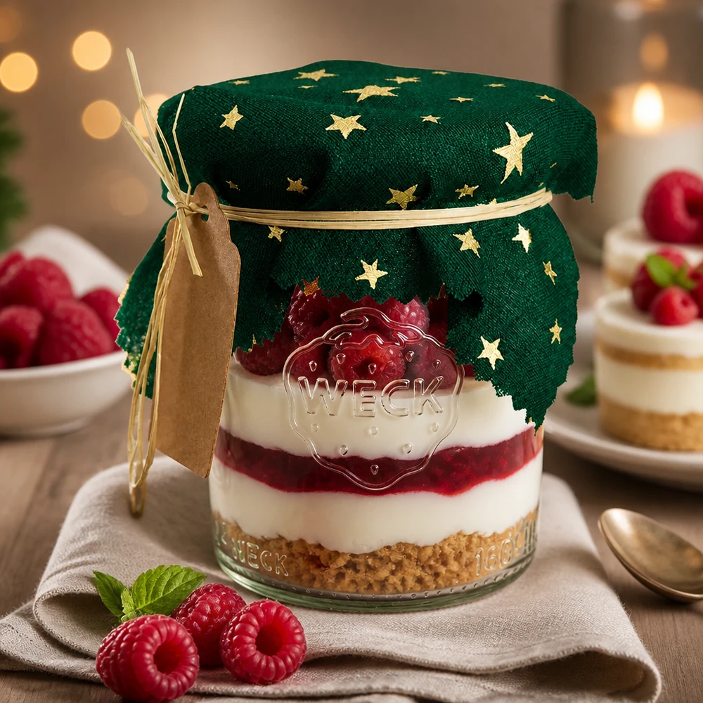 Dolce festivo in barattolo con ornamento a stella verde 12 cm quadrato, lamponi e panna come idea regalo