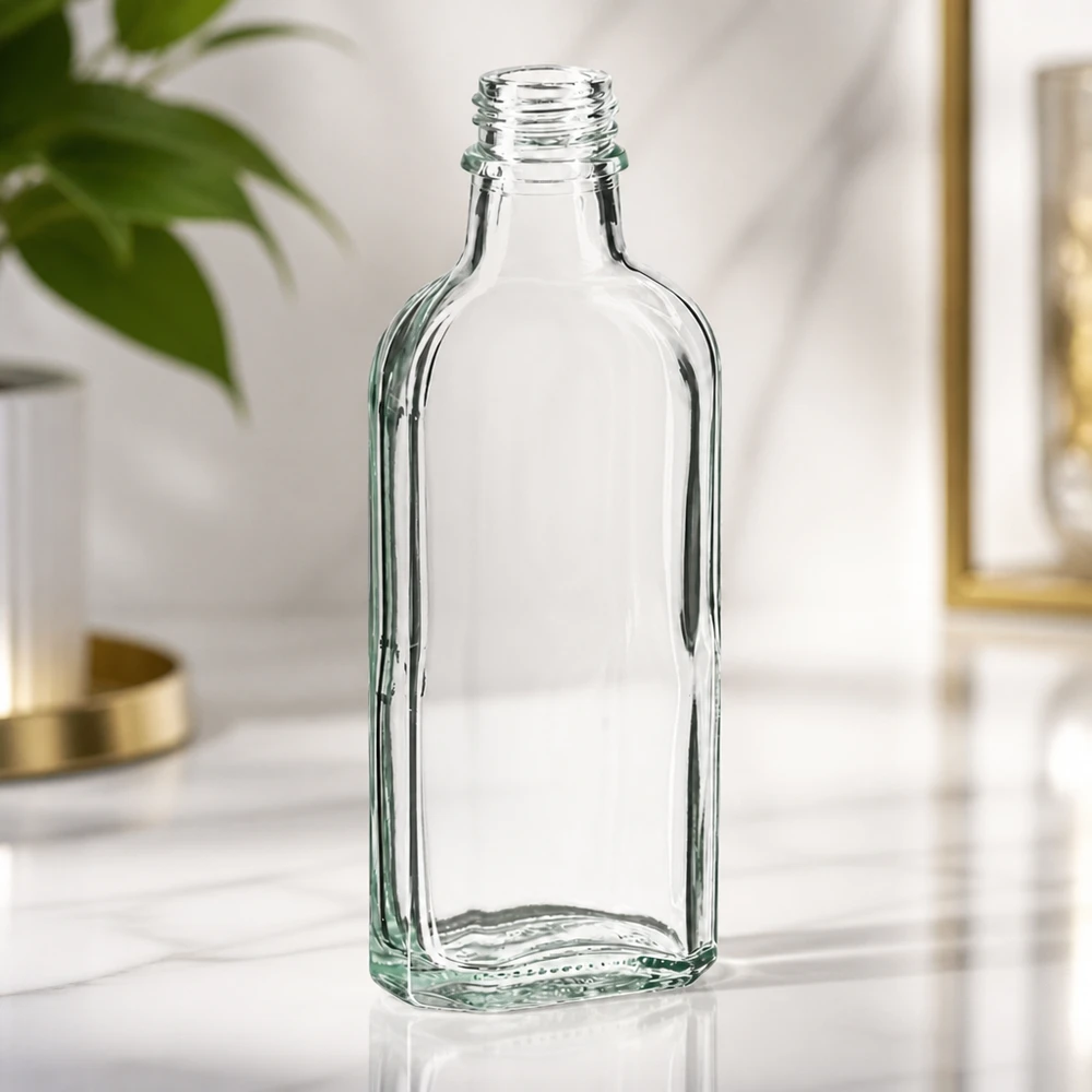 Flacone Meplat trasparente vuoto da 100 ml con filettatura DIN22 su superficie in marmo