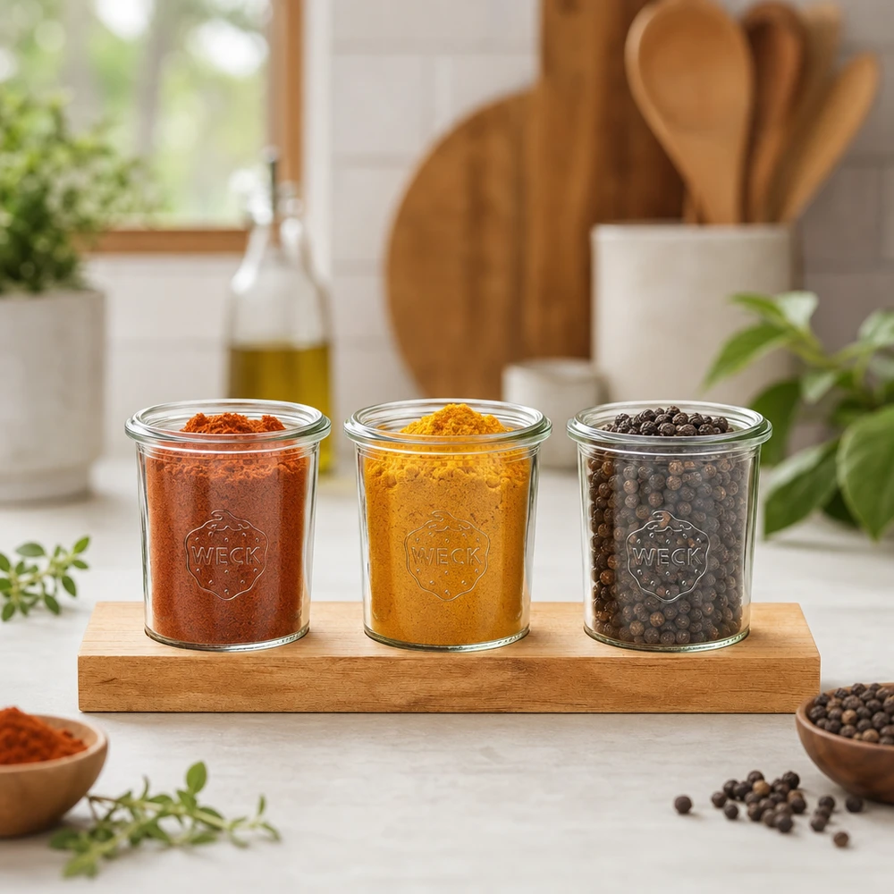 Barattoli Weck da 160 ml con spezie curcuma e pepe su tagliere di bambù in un'atmosfera di cucina naturale