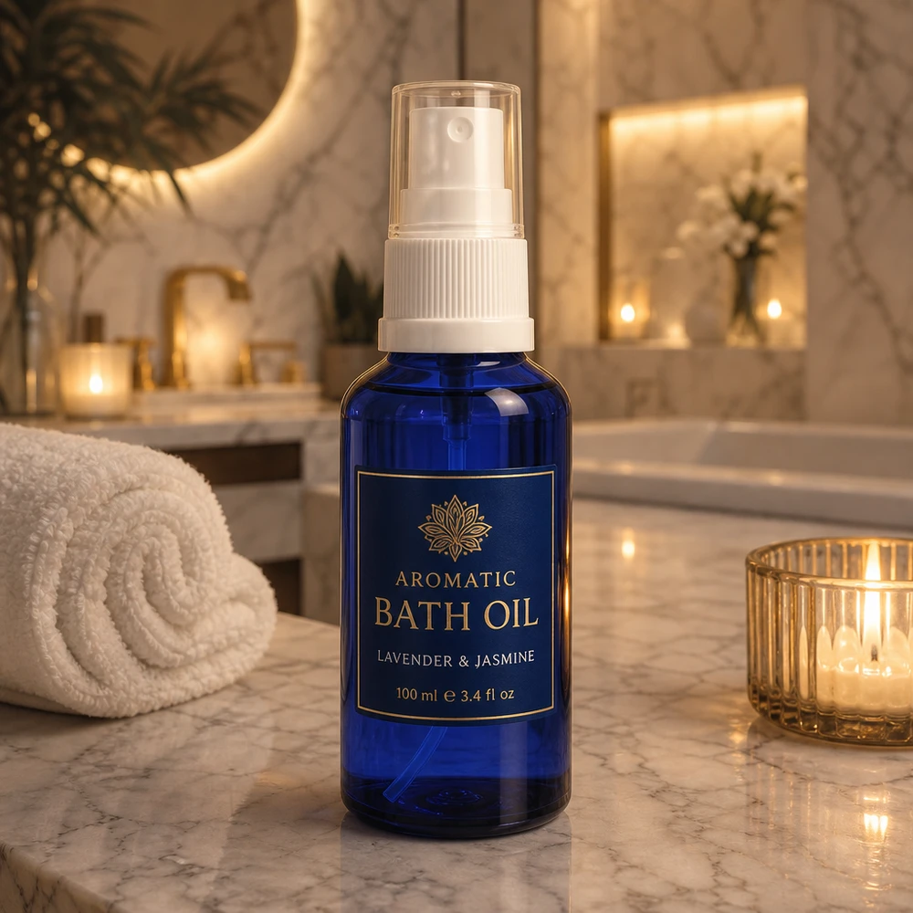 Flacone spray blu da 10 ml con erogatore bianco, appoggiato su una superficie di marmo accanto a delle candele per l'olio da bagno alla lavanda e al gelsomino