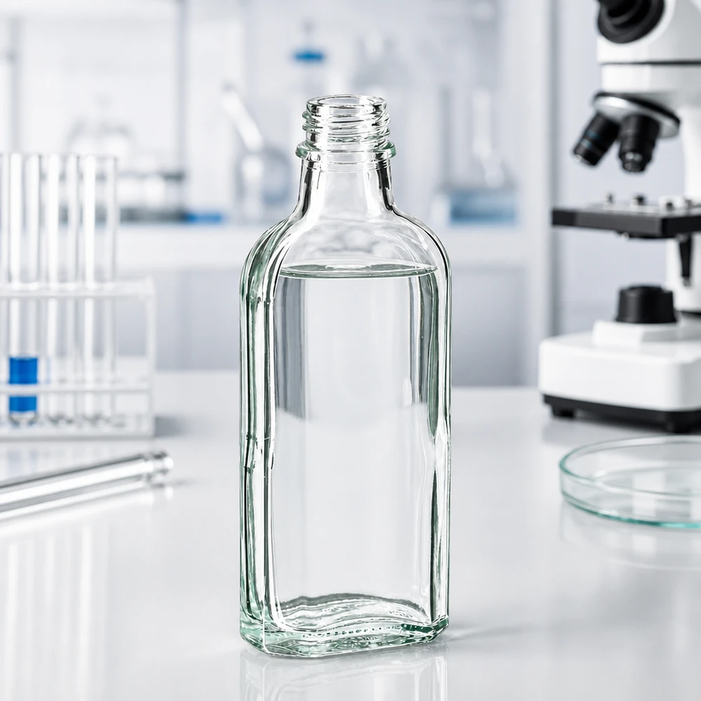 Flacone di vetro rettangolare trasparente da 100 ml con tappo a vite DIN22 in laboratorio