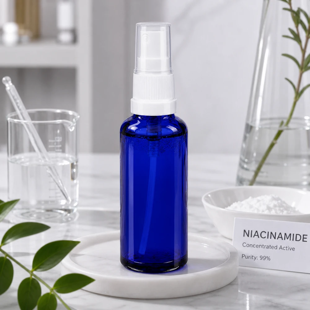 Viallo blu da farmacia da 10 ml con nebulizzatore bianco accanto alla polvere di niacinamide in laboratorio