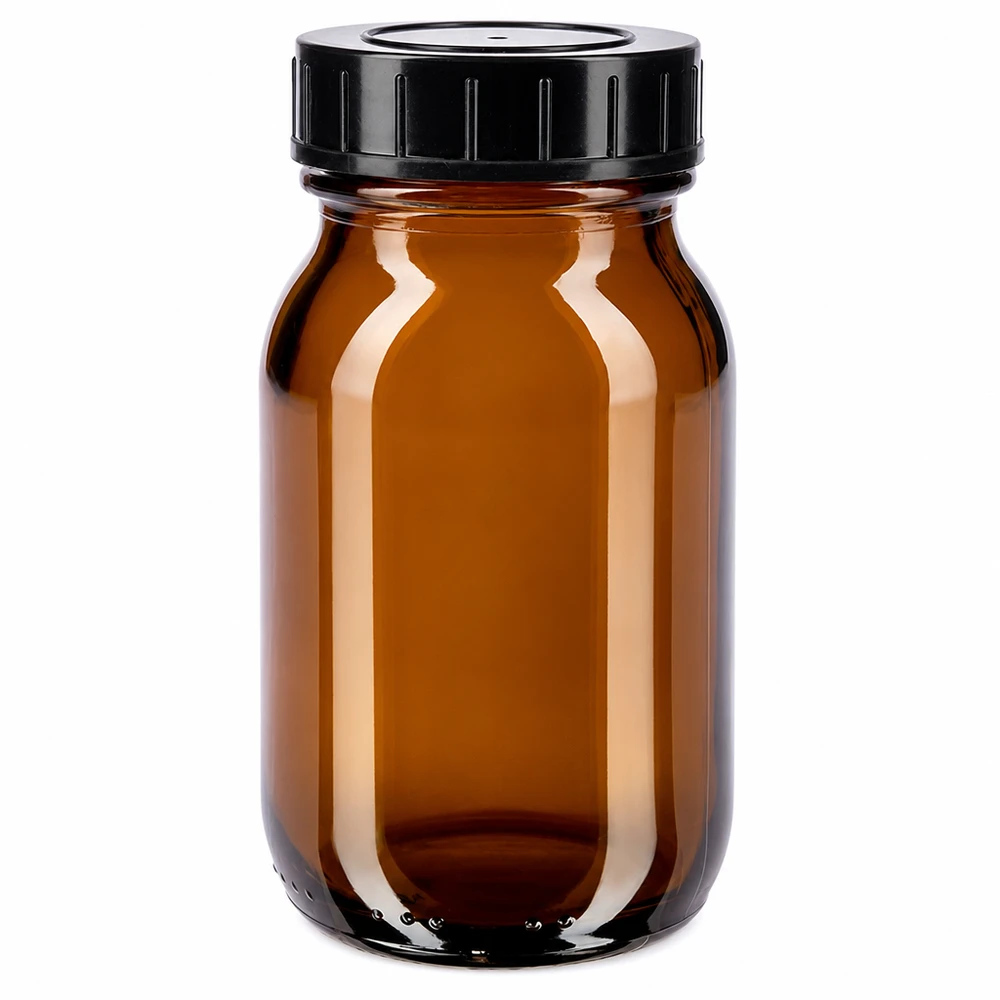 Bottiglia a collo largo da 100 ml in vetro ambrato con tappo a vite Bottiglia a collo largo da 100 ml in vetro ambrato con tappo a vite nero per una conservazione sicura