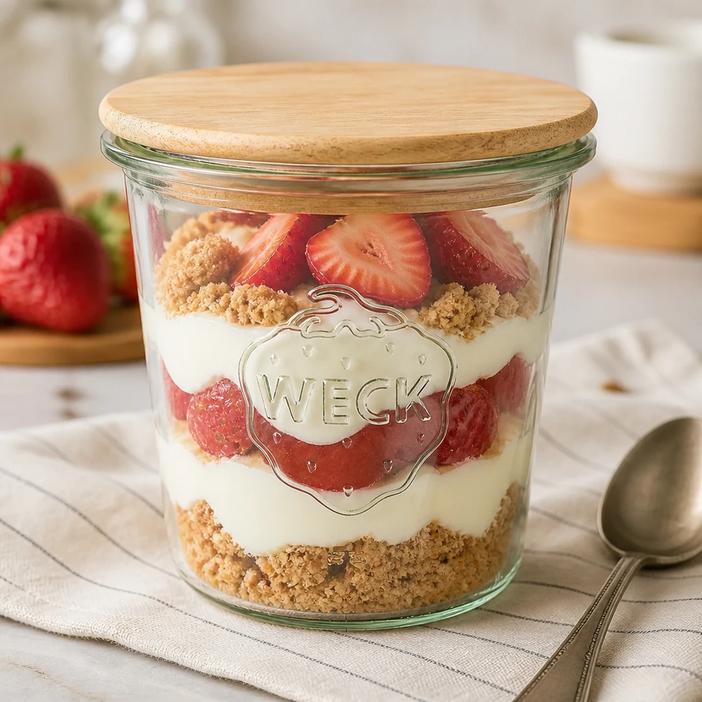 Bicchieri WECK da 580 ml come ciotola da dessert con fragole e briciole di biscotti, coperchio di legno chiuso sul tavolo della cucina