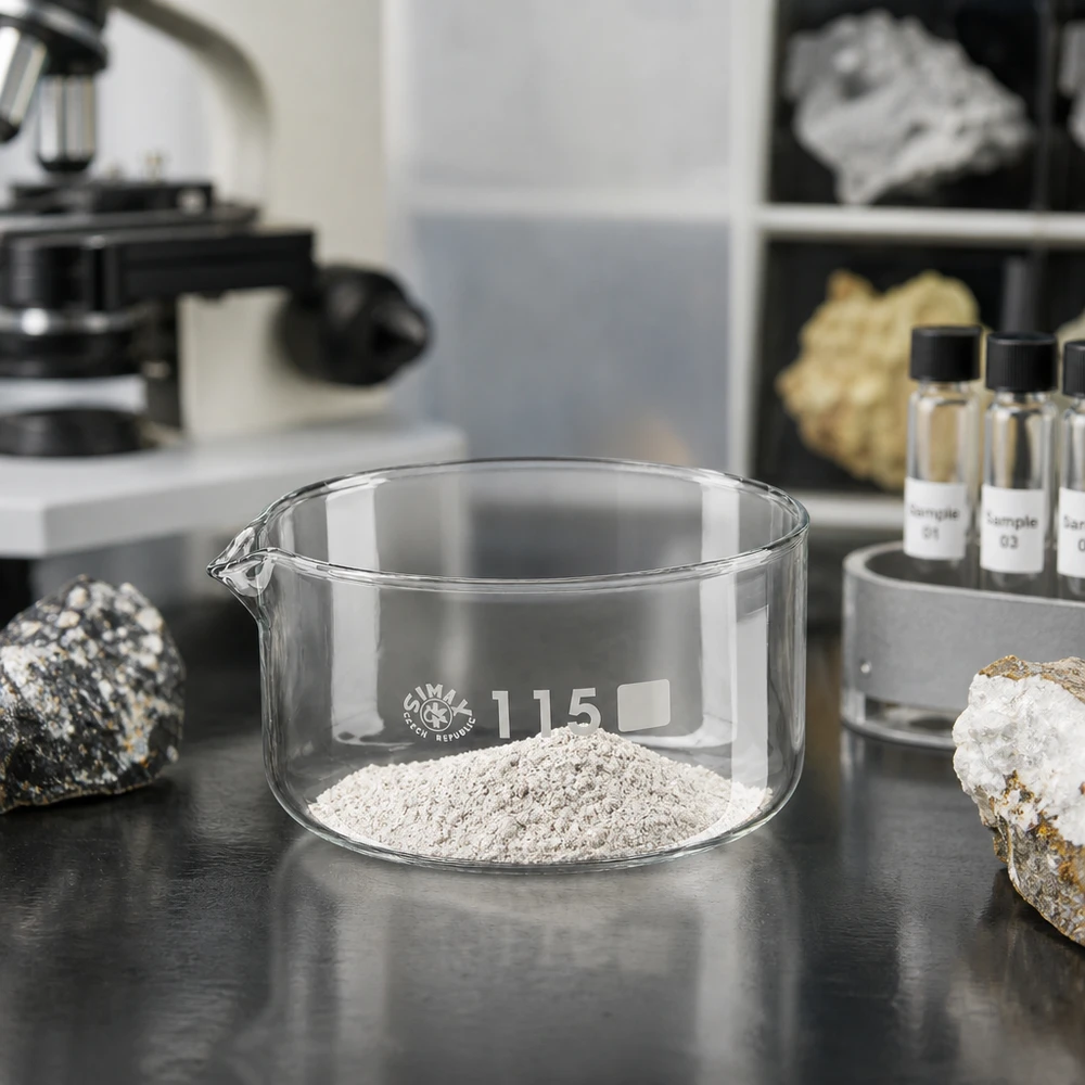 Piatto per cristallizzazione da 500ml con beccuccio Bo.. ø115mm Vaschetta di cristallizzazione da 500 ml con polvere di roccia macinata per il laboratorio mineralogico SIMAX in vetro borosilicato