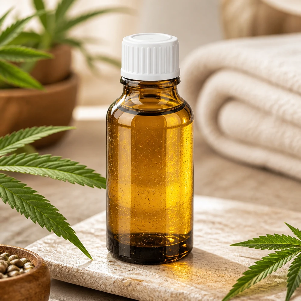 Flacone da 20 ml in vetro ambrato con tappo dosatore bianco per oli al CBD