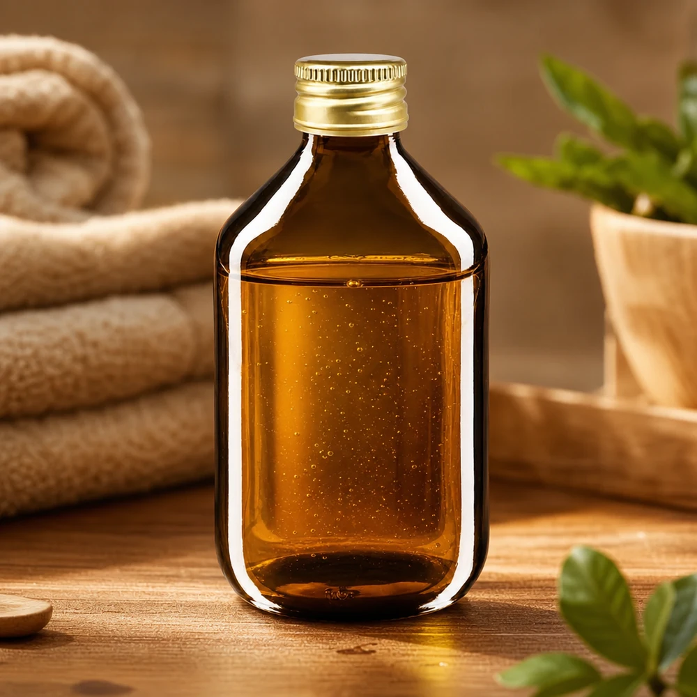 Bottiglia in vetro ambrato da 300 ml con tappo a vite in alluminio dorato per applicazioni mediche