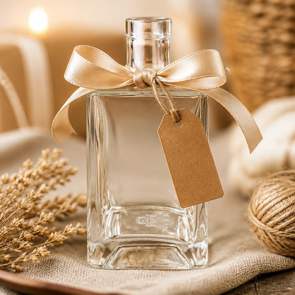Flacone in vetro da 700 ml Ben senza tappo UNiTWIST® Bottiglia di vetro da 700 ml di Ben decorata con un fiocco dorato e un'etichetta regalo come idea regalo