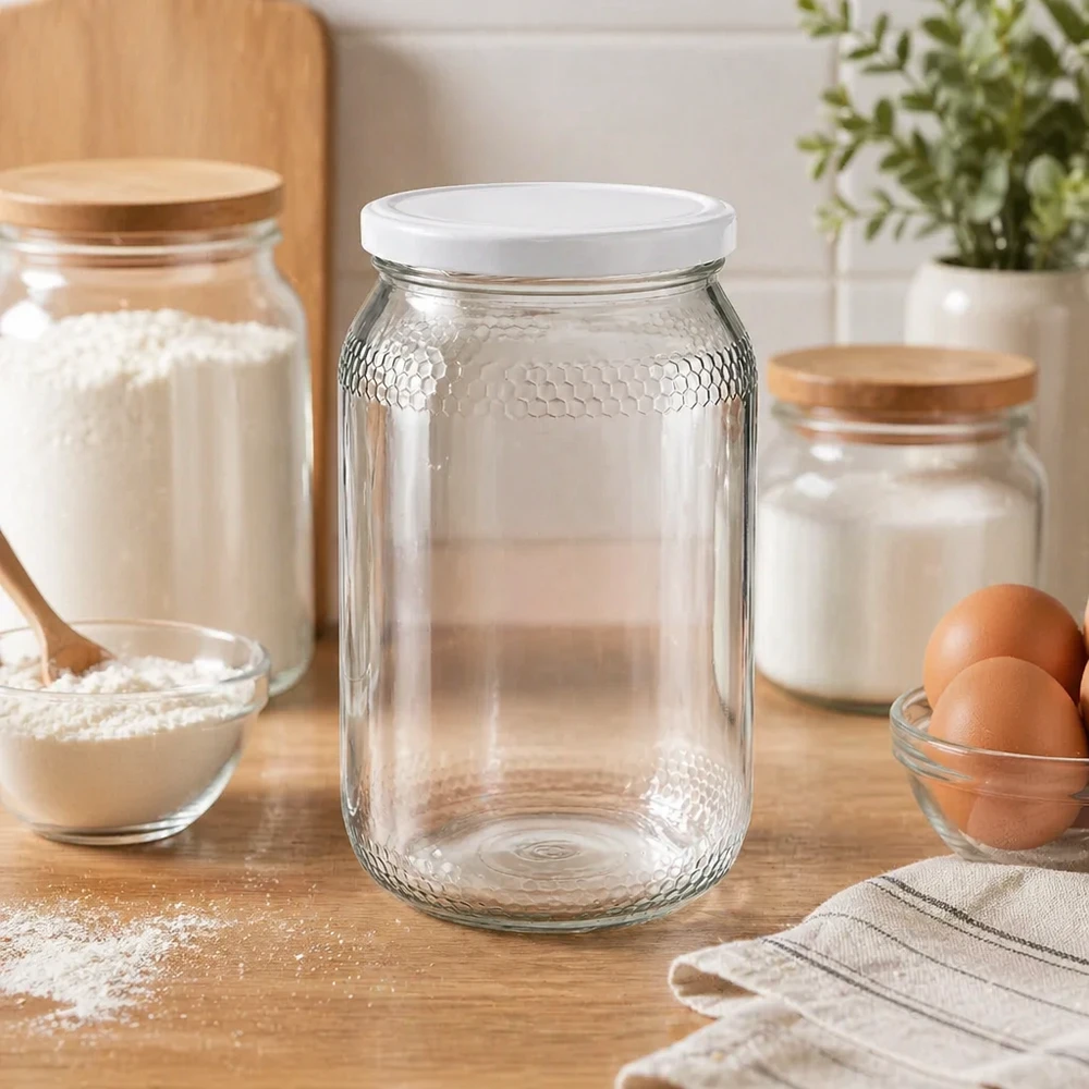 Vasetto per miele da 1260 g con capsula bianca BasicSeal UNiTWIST Vaso per miele 900ml vuoto in ambiente cucina con ingredienti da forno farina uova mostra pratica conservazione Coperchio BasicSeal