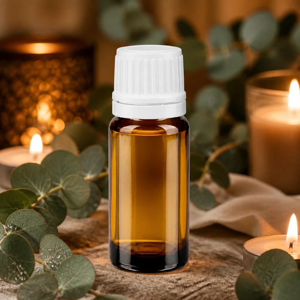 Piccola boccetta di vetro marrone da 10 ml con tappo originale bianco per oli essenziali e aromaterapia
