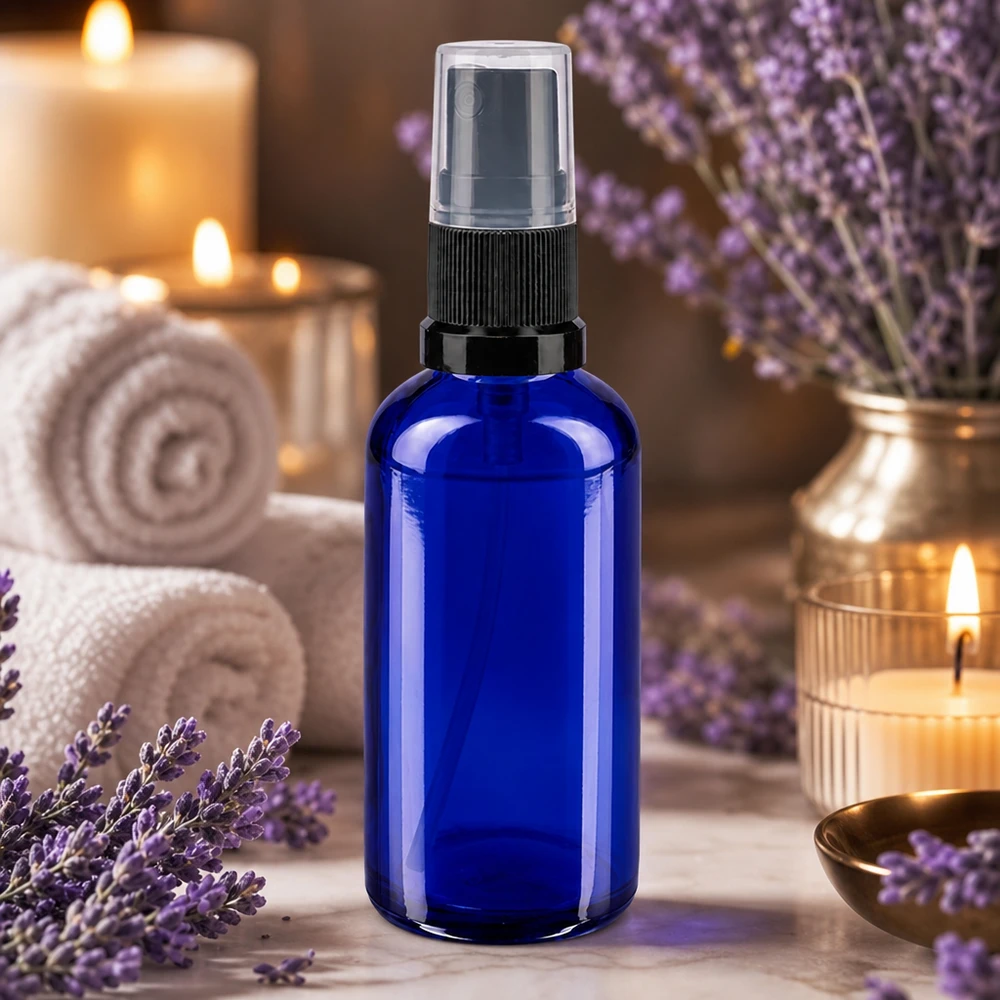 Flacone spray in vetro da farmacia blu da 50 ml con erogatore a pompa nero per oli essenziali
