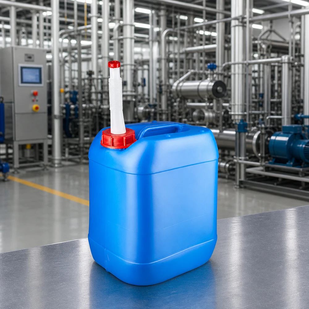Tanica blu da 20 litri con beccuccio Flex Tanica industriale blu da 20 litri con tubo di scarico flessibile, prodotta in un moderno impianto di produzione