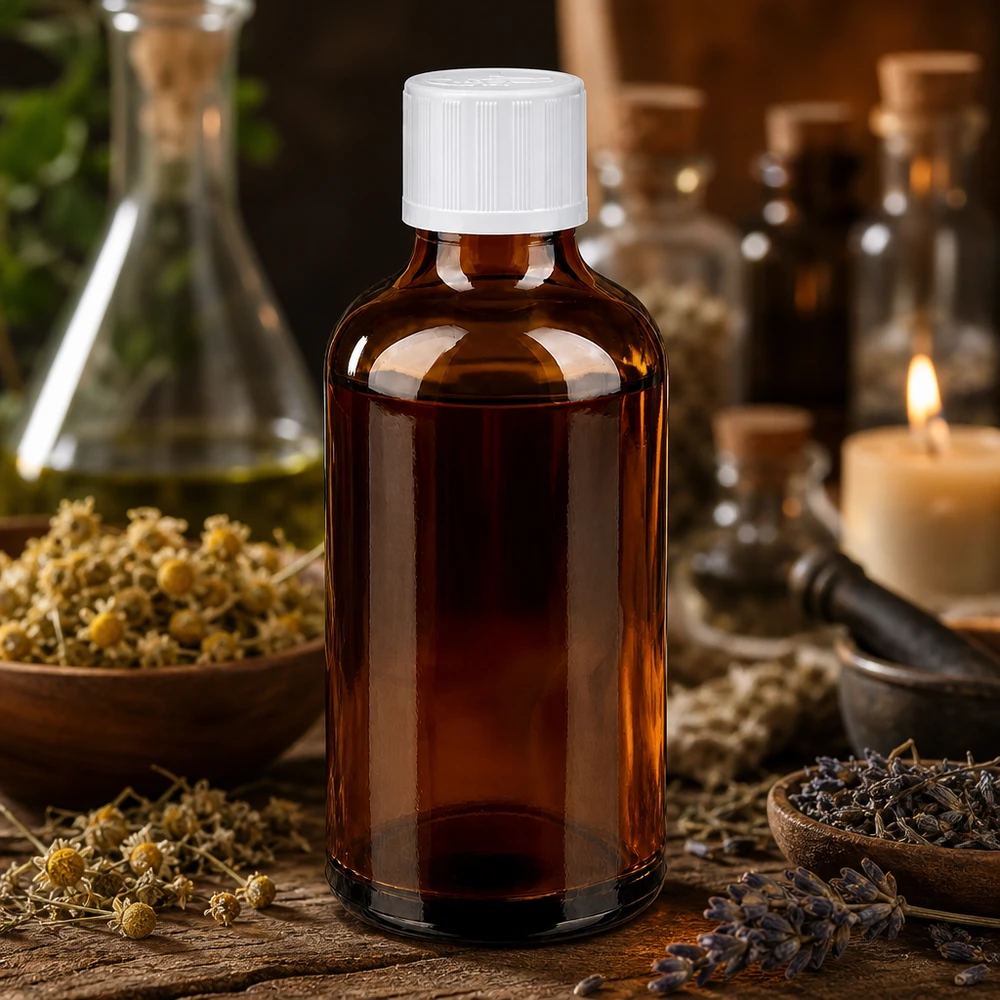 Flacone da 50 ml in vetro ambrato con tappo di sicurezza per bambini bianco, tra fiori di camomilla ed erbe aromatiche