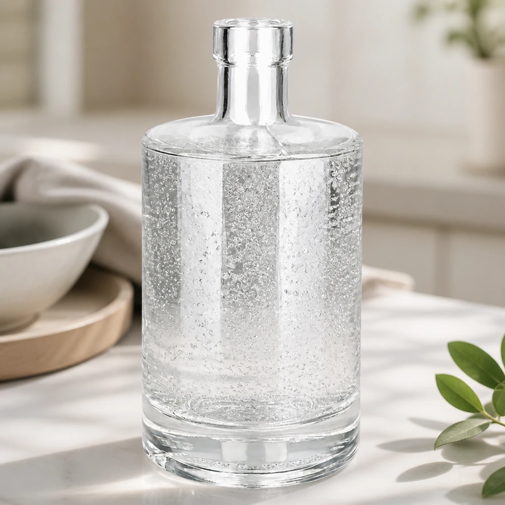 Bottiglia in vetro da 500 ml Marie senza tappo UNiTWIST® Bottiglia di vetro da 500ml Marie riempita d'acqua mostra la trasparenza e la qualità della bottiglia UNiTWIST in un ambiente di cucina