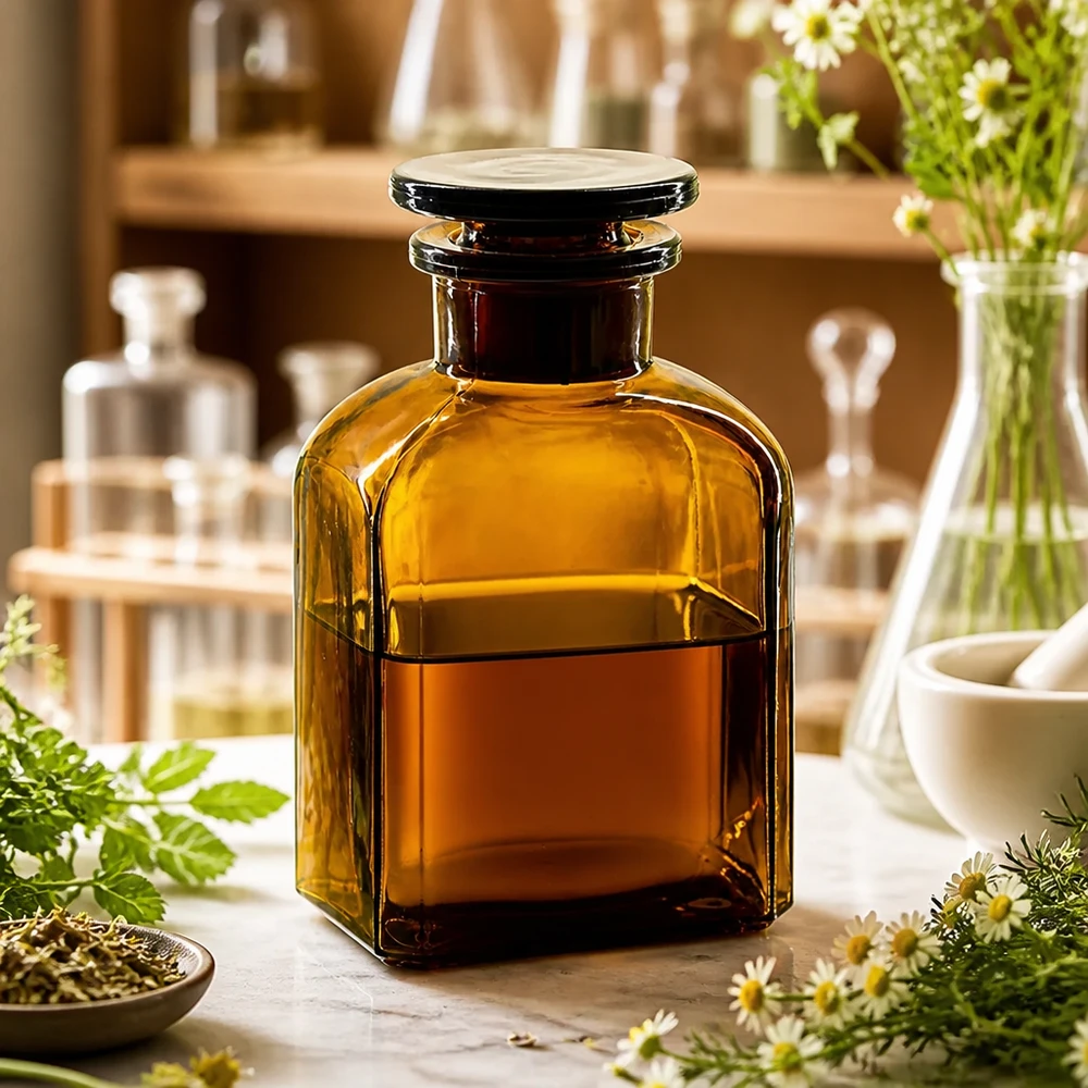 Bottiglia quadrata 150ml marrone a collo largo, con tappo in vetro Bottiglia quadrata dal collo largo color ambra da 150 ml con tappo piatto in vetro, appoggiata su un tavolo di marmo con erbe aromatiche