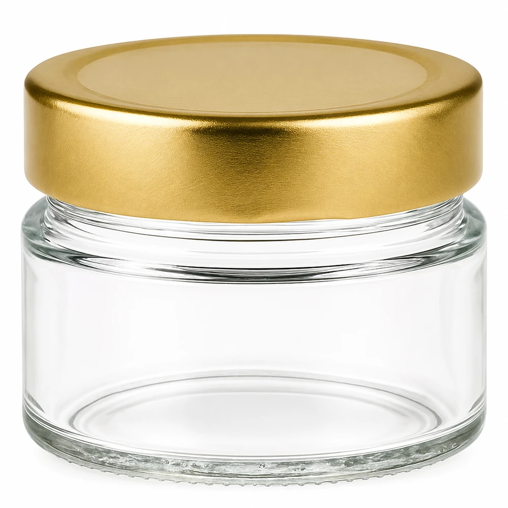 Barattolo rotondo da 80 ml con coperchio BasicSeal oro profondo UNiTWIST. Barattolo rotondo da 80 ml con coperchio BasicSeal oro profondo UNiTWIST.
