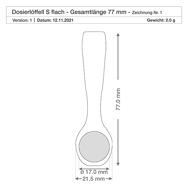 Pala di legno taglia S a forma di cucchiaio lunga 7,7 cm Disegno dimensionale dettagliato piccola pala di legno 77 mm lunghezza 21,5 mm larghezza 17 mm diametro della benna specifiche tecniche