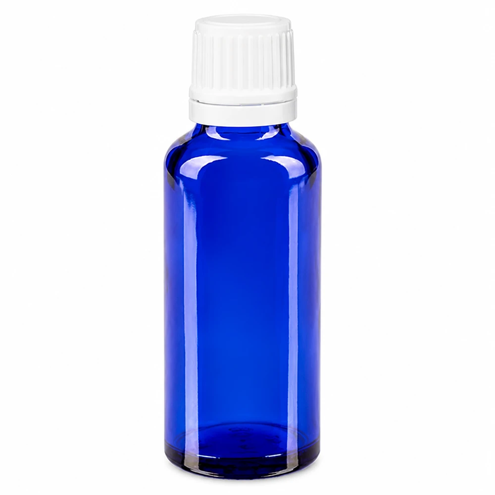 Flacone contagocce blu da 30ml OV bianco/0,7mm ApoGlas Flacone da farmacia in vetro blu da 30 ml con tappo originale bianco e dosatore a goccia da 0,7 mm