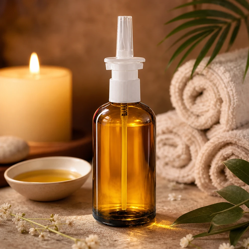 Flacone spray nasale da 100 ml c/tr. STD BrownLine UT18/100 Flacone spray nasale compatto BrownLine da 100 ml in vetro con protezione UV e sistema di nebulizzazione igienica